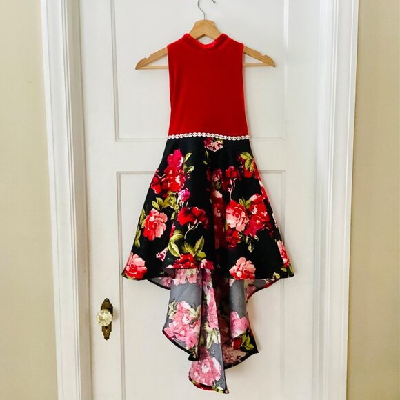 Speechless Other - SPEECHLESS Big Girls Floral Halter Neck Red Velvet Hi-Low Party Dress